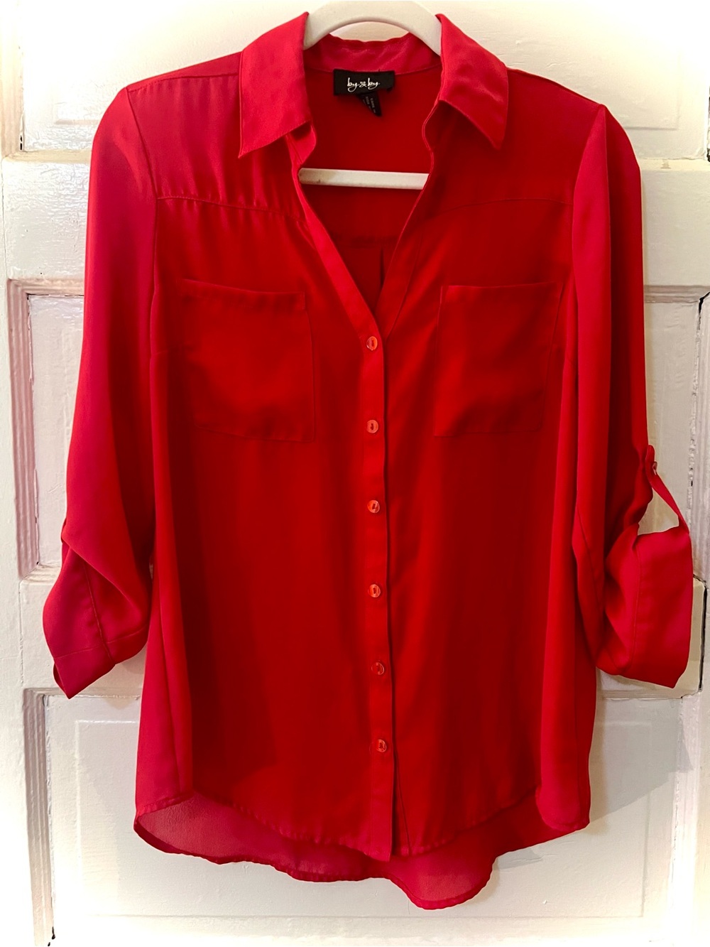 Red Button-down Blouse with Front Pockets